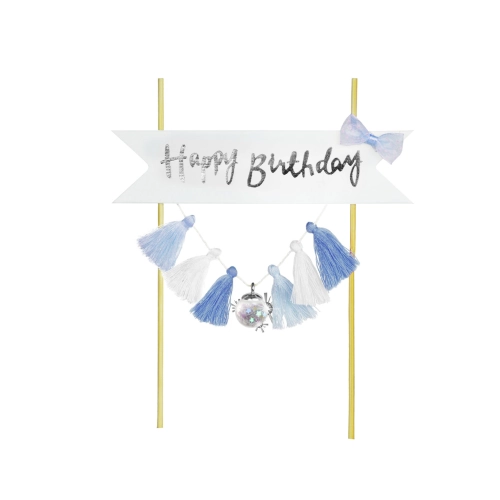Topper girlanda ozdoby na tort napis Happy Birthday frędzle niebieskie dekoracje urodzinowe